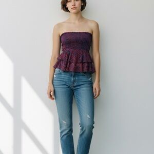 Isabel Marant Red/ Blue Silk Strapless Top